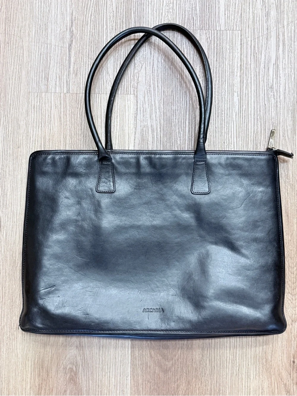Arcadia Black Leather Tote with Double Top Handles Purse Handbag